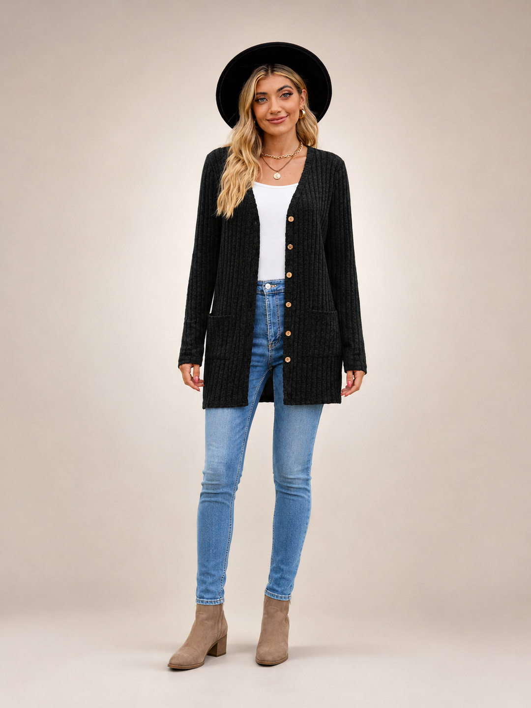 Éliane | Cardigan long boutonné col V