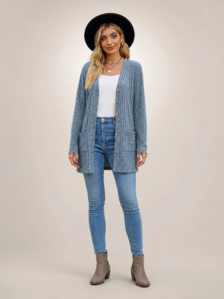 Éliane | Cardigan long boutonné col V