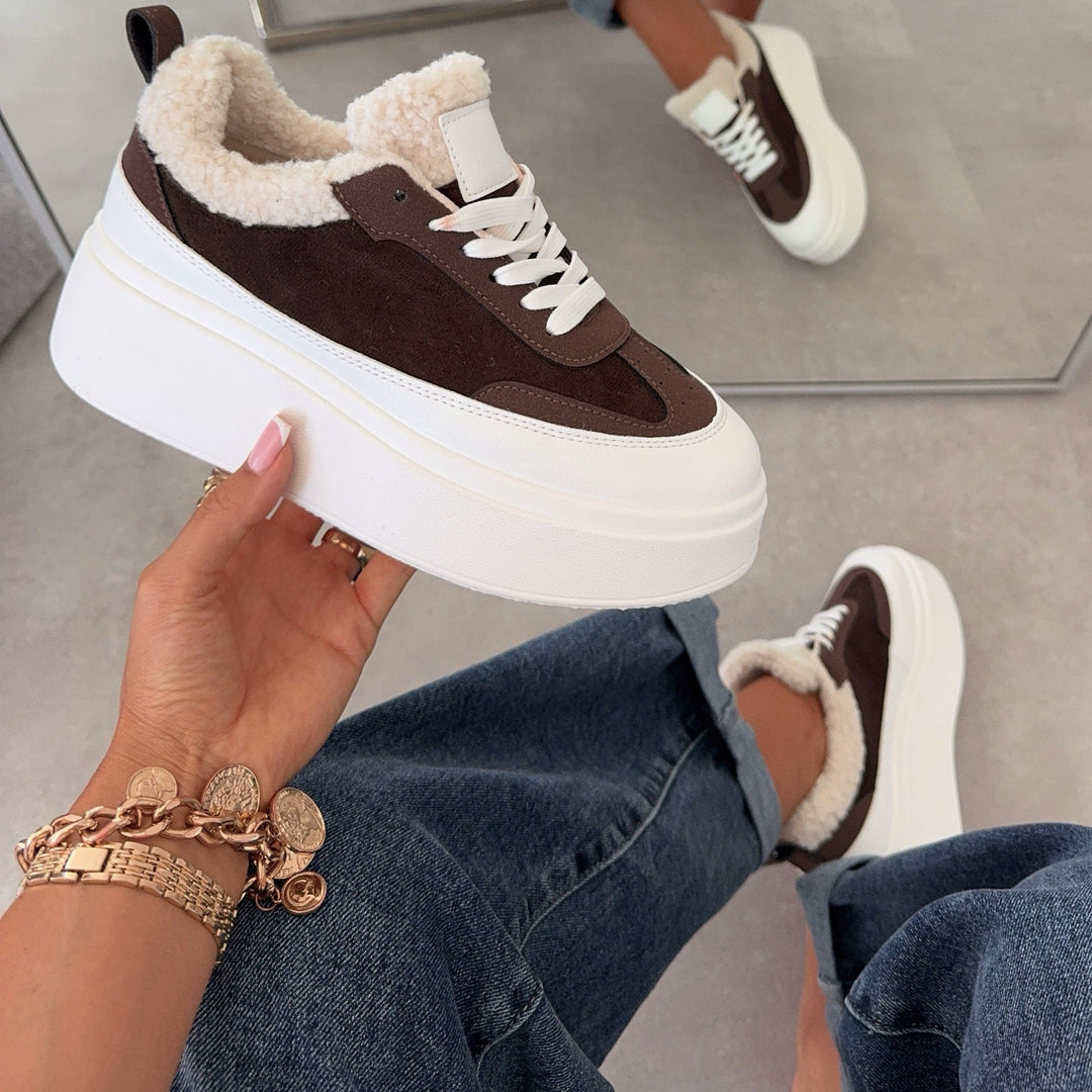 Brune | Baskets marron à plateforme et finition teddy