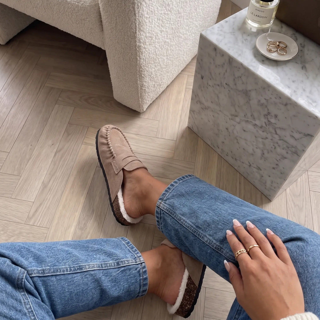 Aurore | Mules fourrées beiges façon mocassin