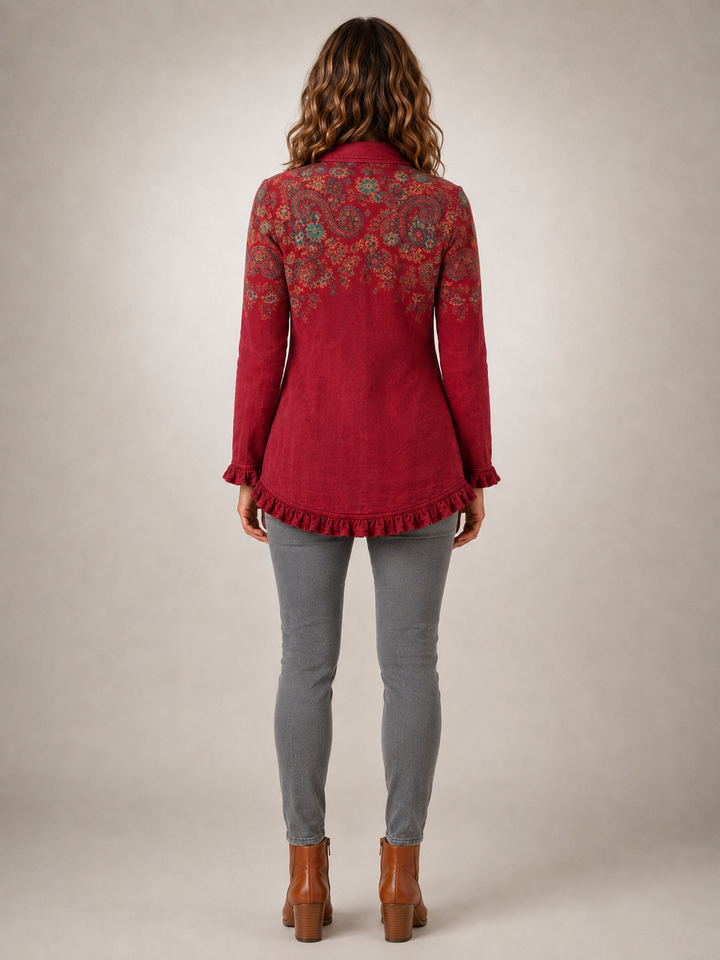 Fayrene | Veste volantée bohème à imprimé cachemire rouge