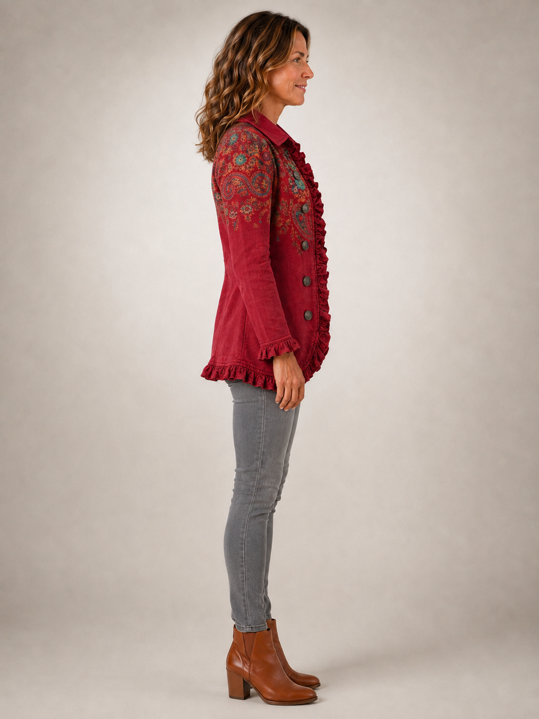 Fayrene | Veste volantée bohème à imprimé cachemire rouge