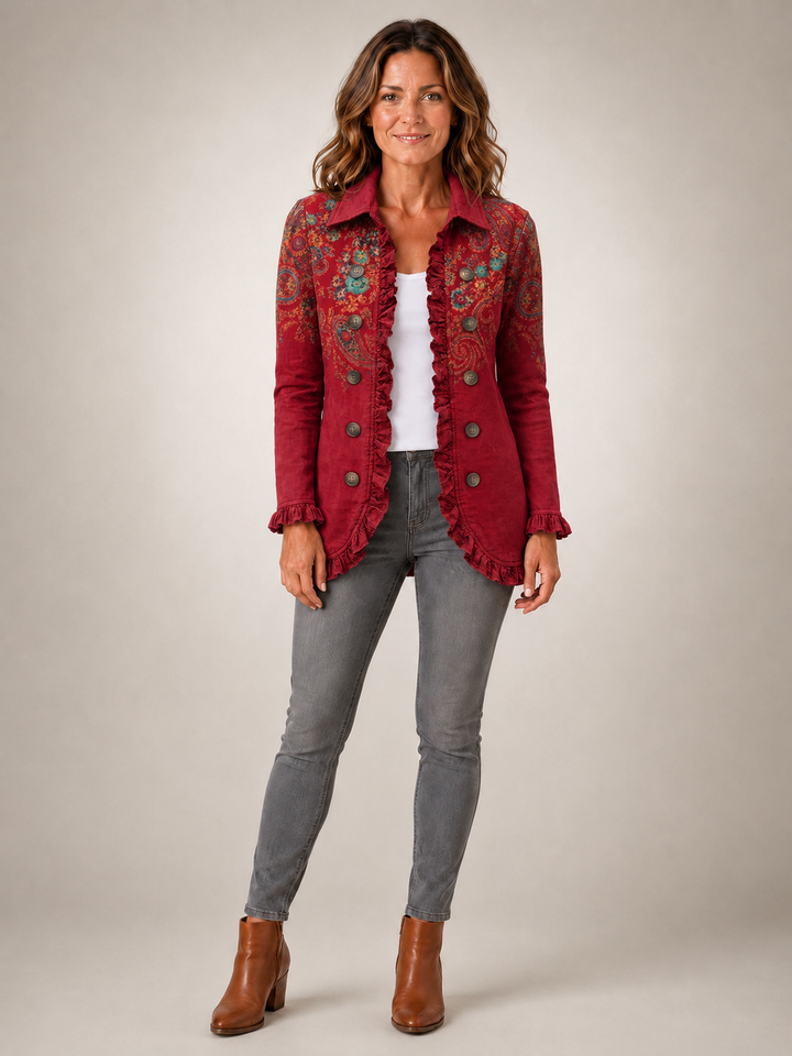 Fayrene | Veste volantée bohème à imprimé cachemire rouge