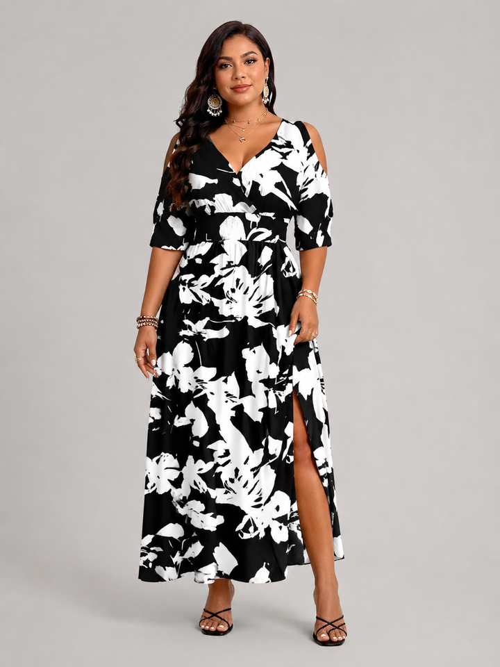Bérangère — Robe longue à épaules dénudées, coloris Fleurs noir et blanc