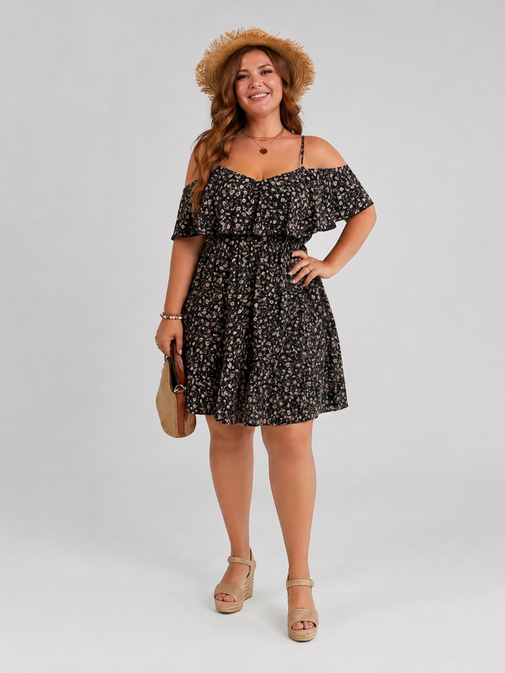 Henriette — Robe courte épaules dénudées à volant, coloris Noir fleuri