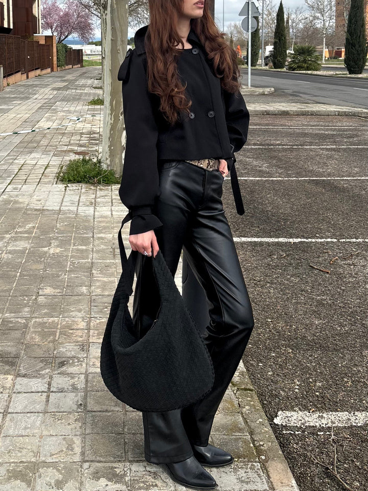 Sac en daim tressé XL noir vu de trois quarts