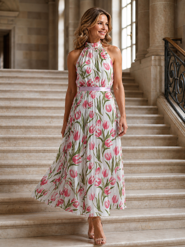 Iris — Robe longue dos nu plissée à tulipes