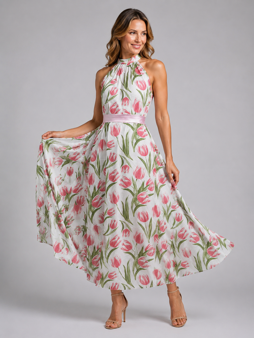 Iris — Robe longue dos nu plissée à tulipes, coloris Écru à tulipes roses