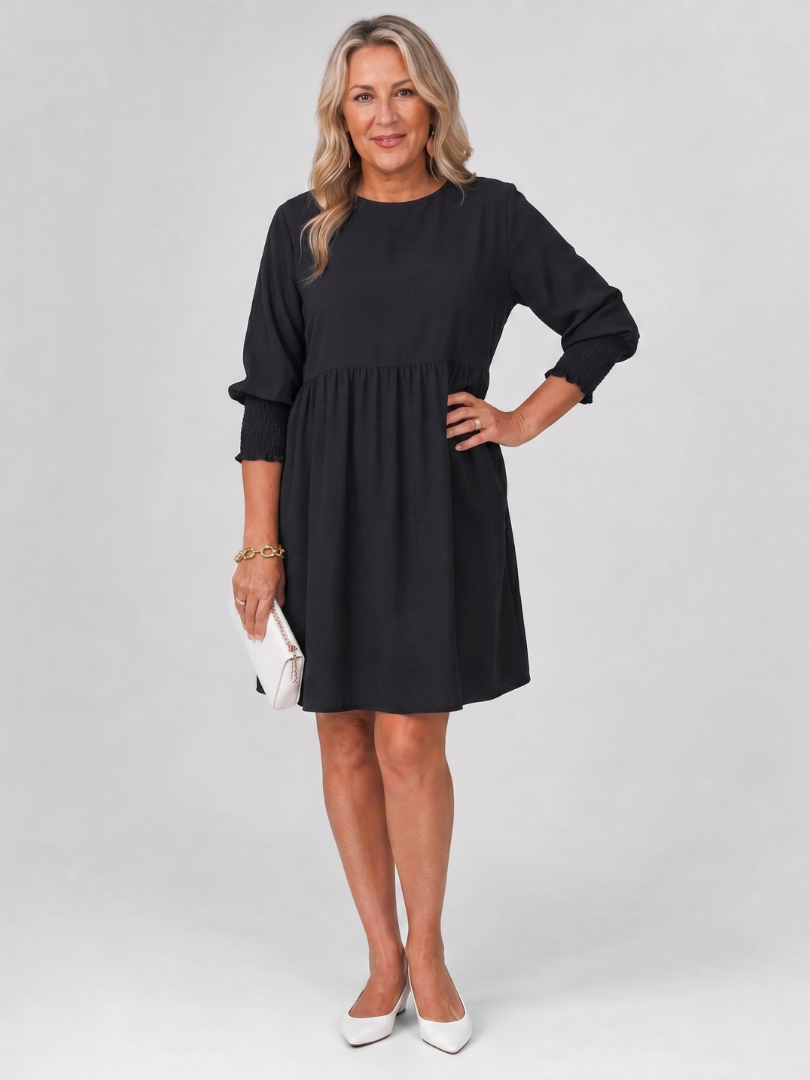 Catherine — Robe courte à manches longues et taille froncée, coloris Noir