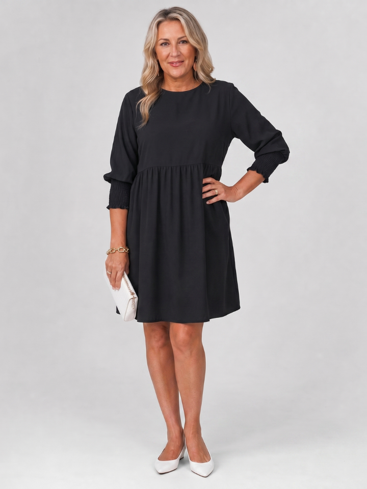 Catherine — Robe courte à manches longues et taille froncée, coloris Noir