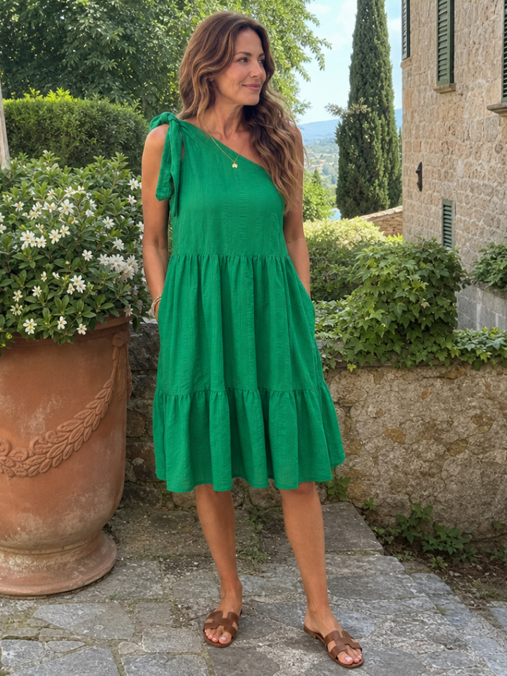 Liliane — Robe asymétrique à nouer et jupe étagée, coloris Vert