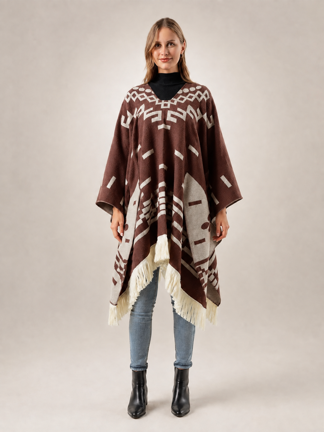 Séverine | Poncho à franges motif jacquard