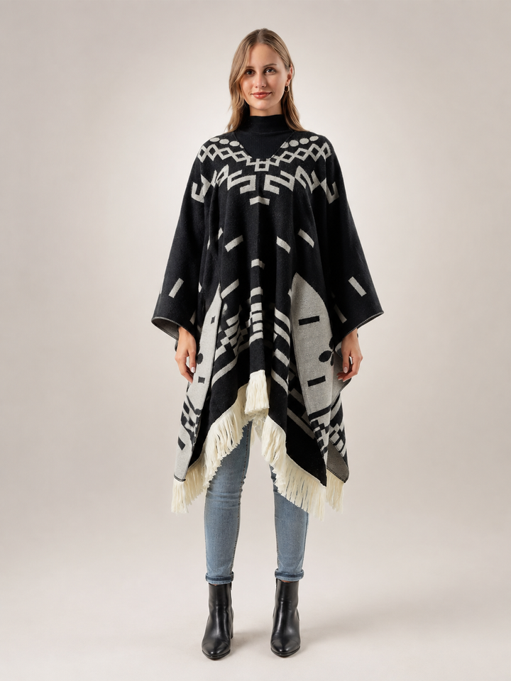 Séverine | Poncho à franges motif jacquard
