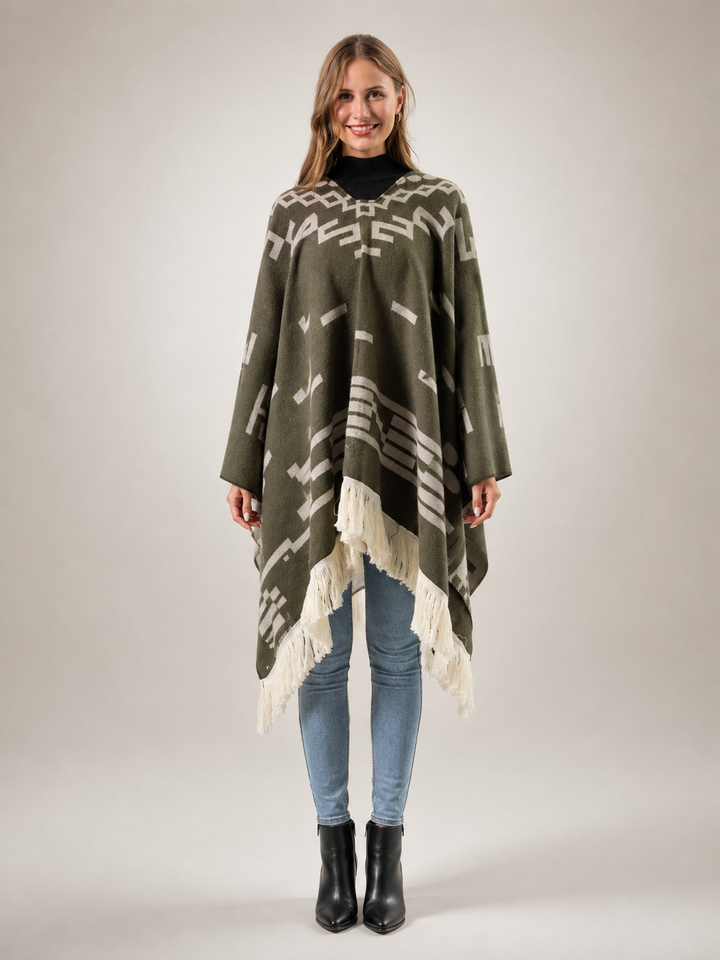 Séverine | Poncho à franges motif jacquard