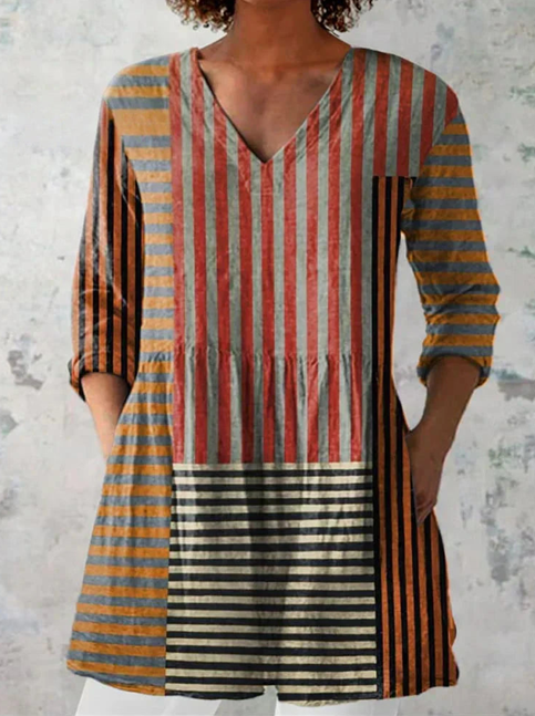 Colombine | Chemisier long col V patchwork à rayures terracotta