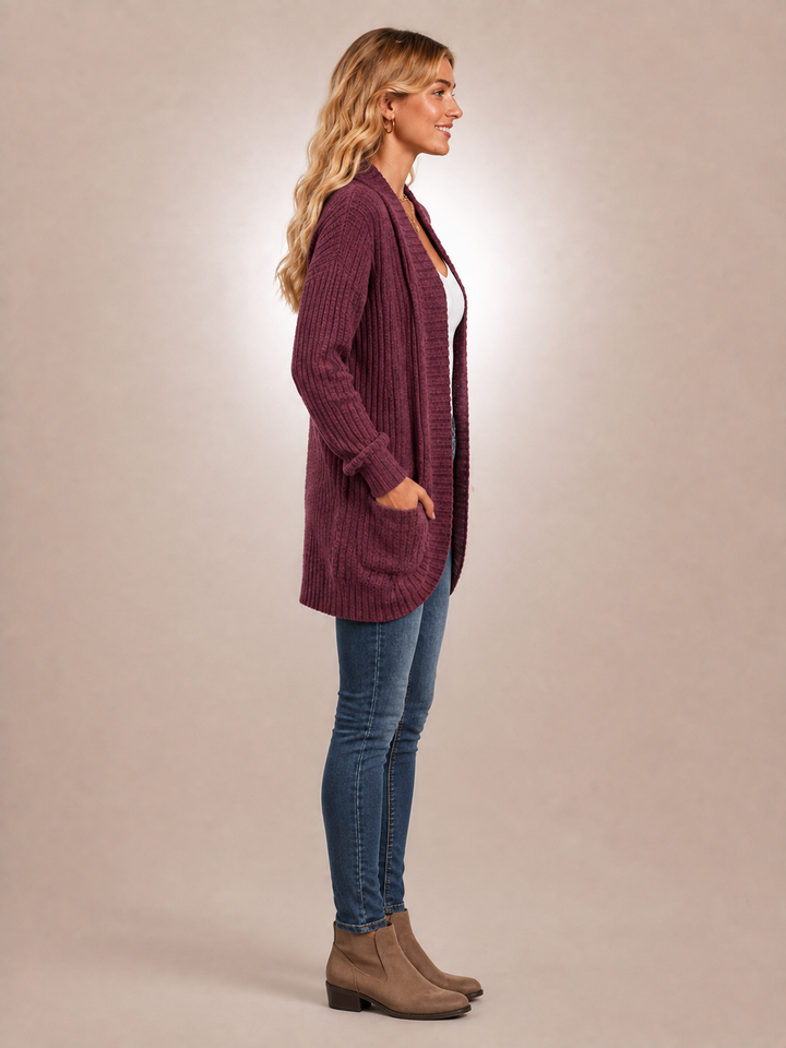 Solène | Cardigan long à poches en maille côtelée