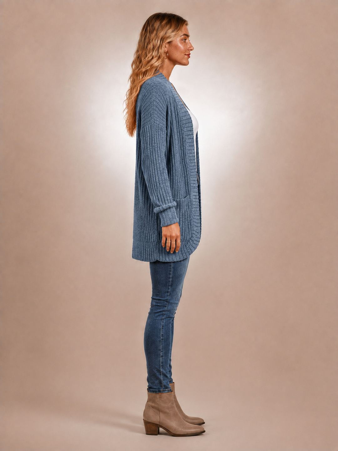 Solène | Cardigan long à poches en maille côtelée