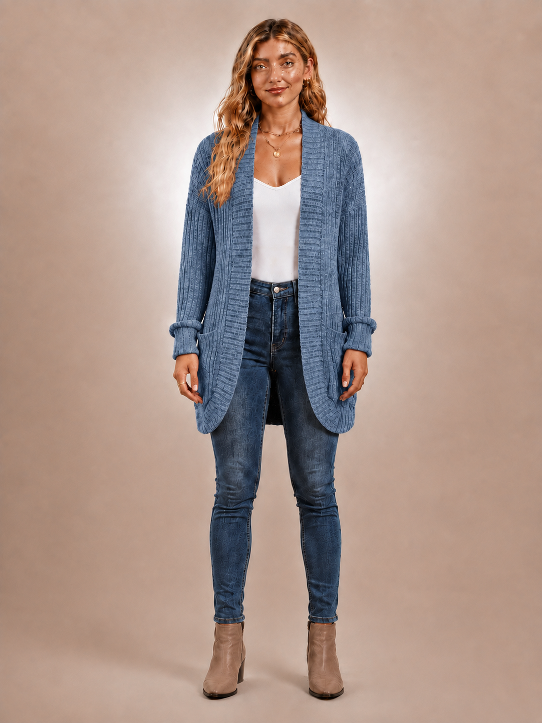 Solène | Cardigan long à poches en maille côtelée