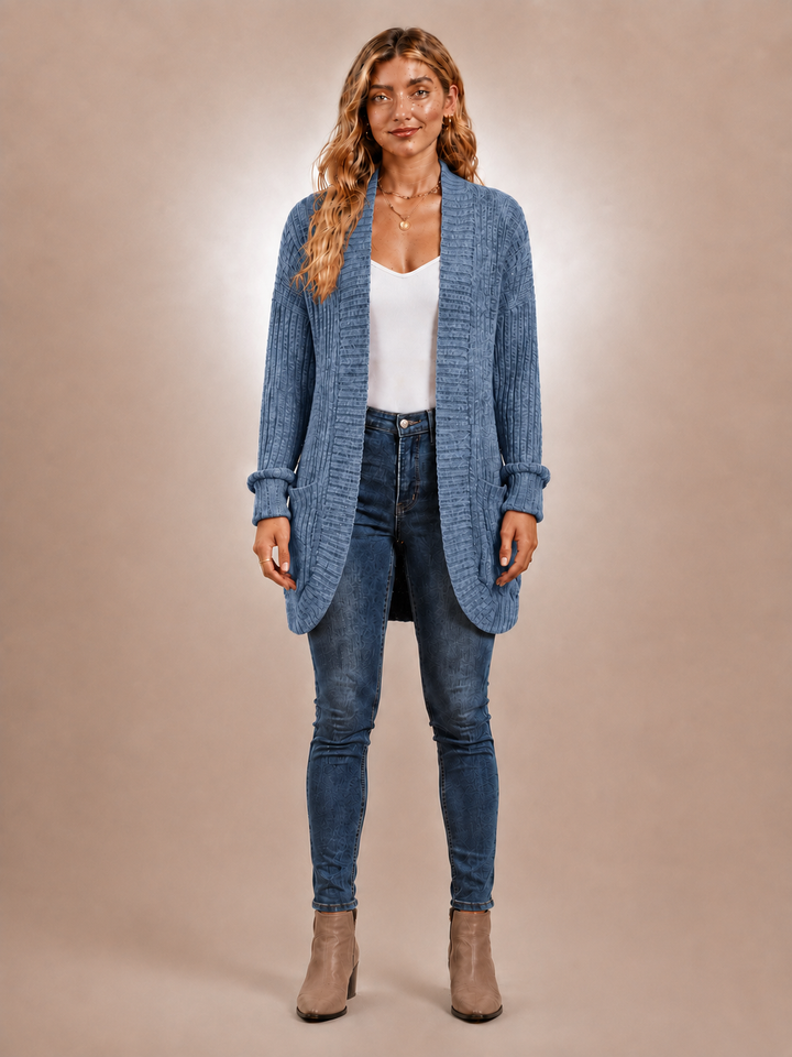 Solène | Cardigan long à poches en maille côtelée