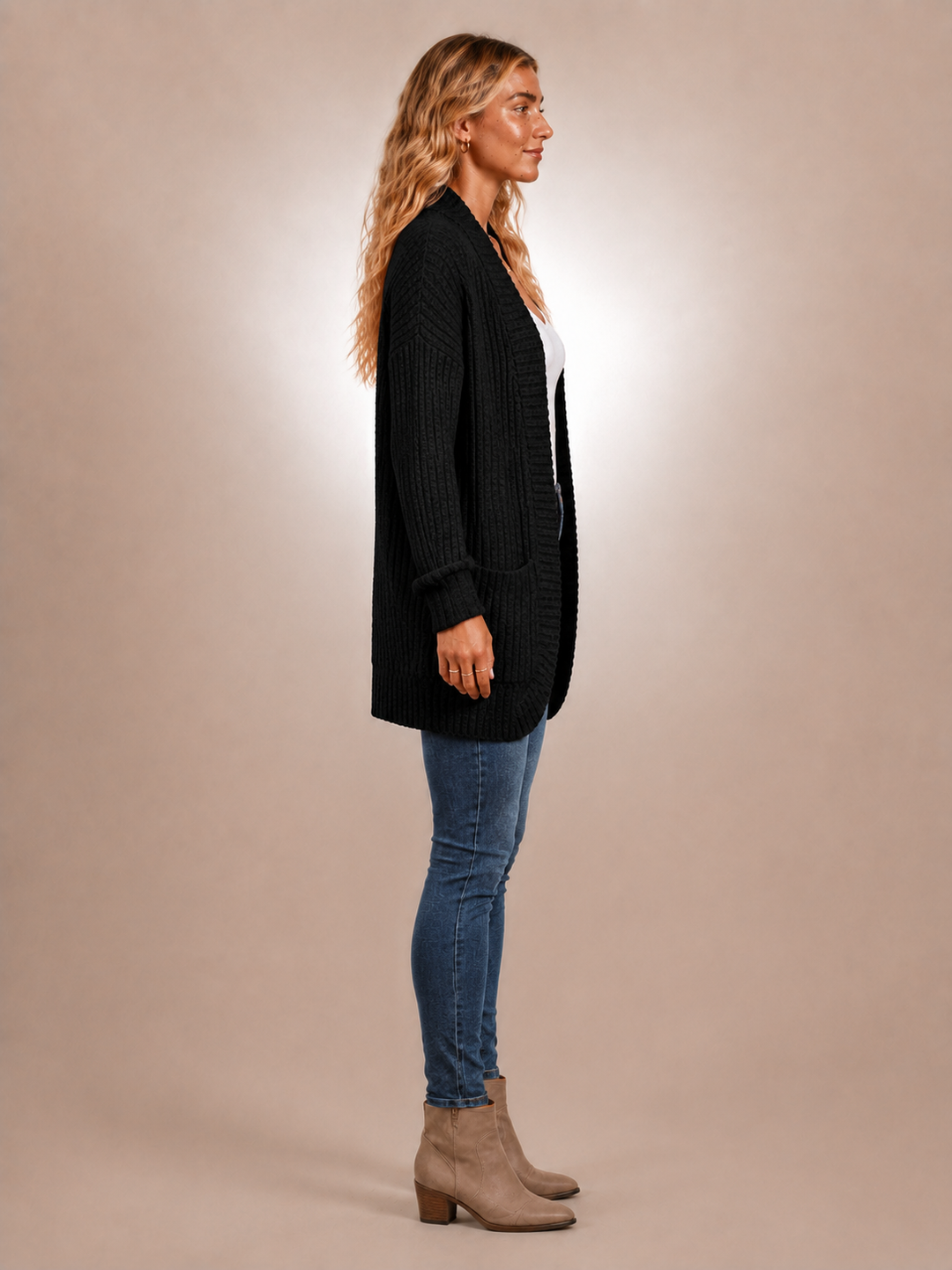 Solène | Cardigan long à poches en maille côtelée