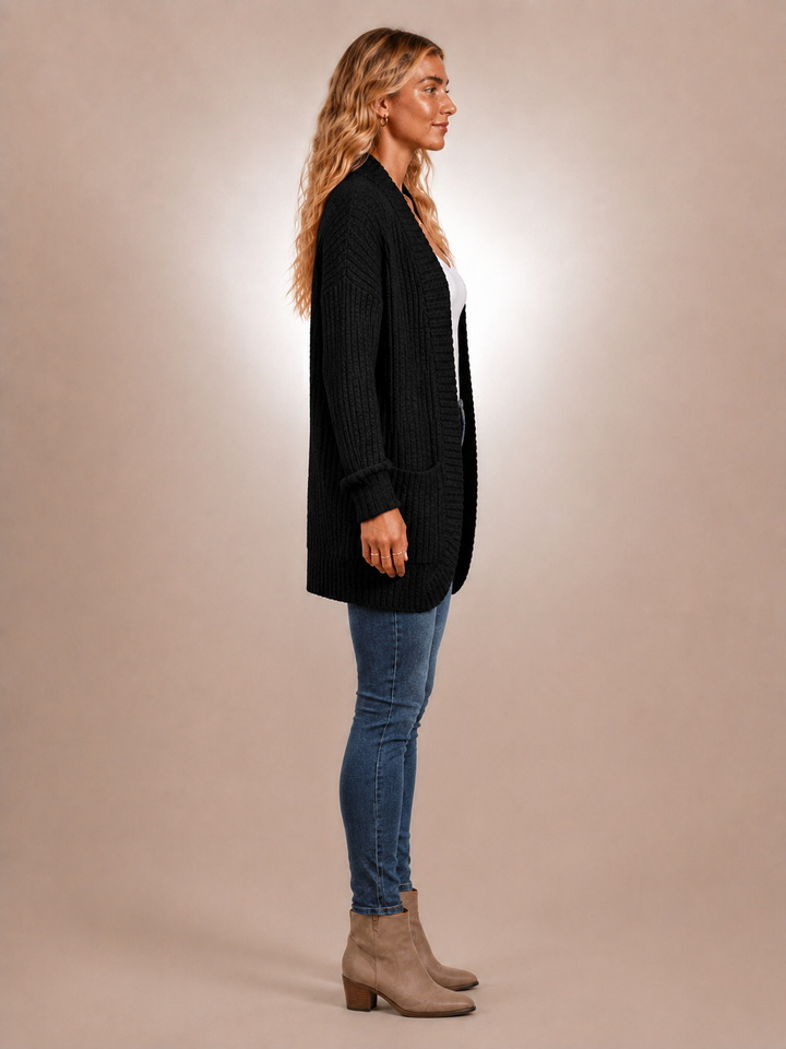 Solène | Cardigan long à poches en maille côtelée