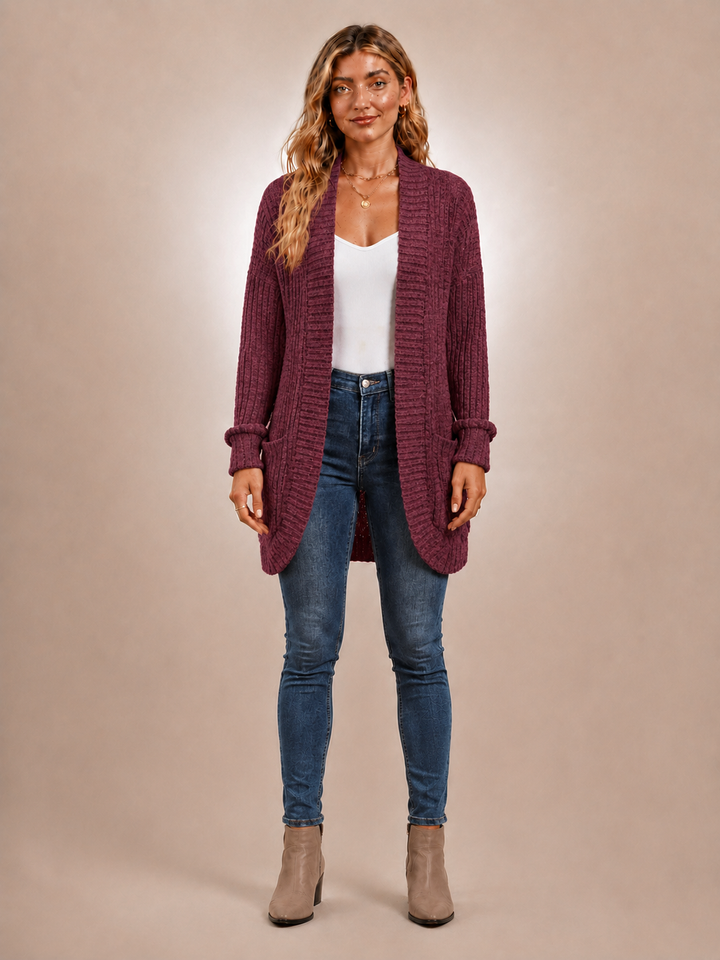 Solène | Cardigan long à poches en maille côtelée