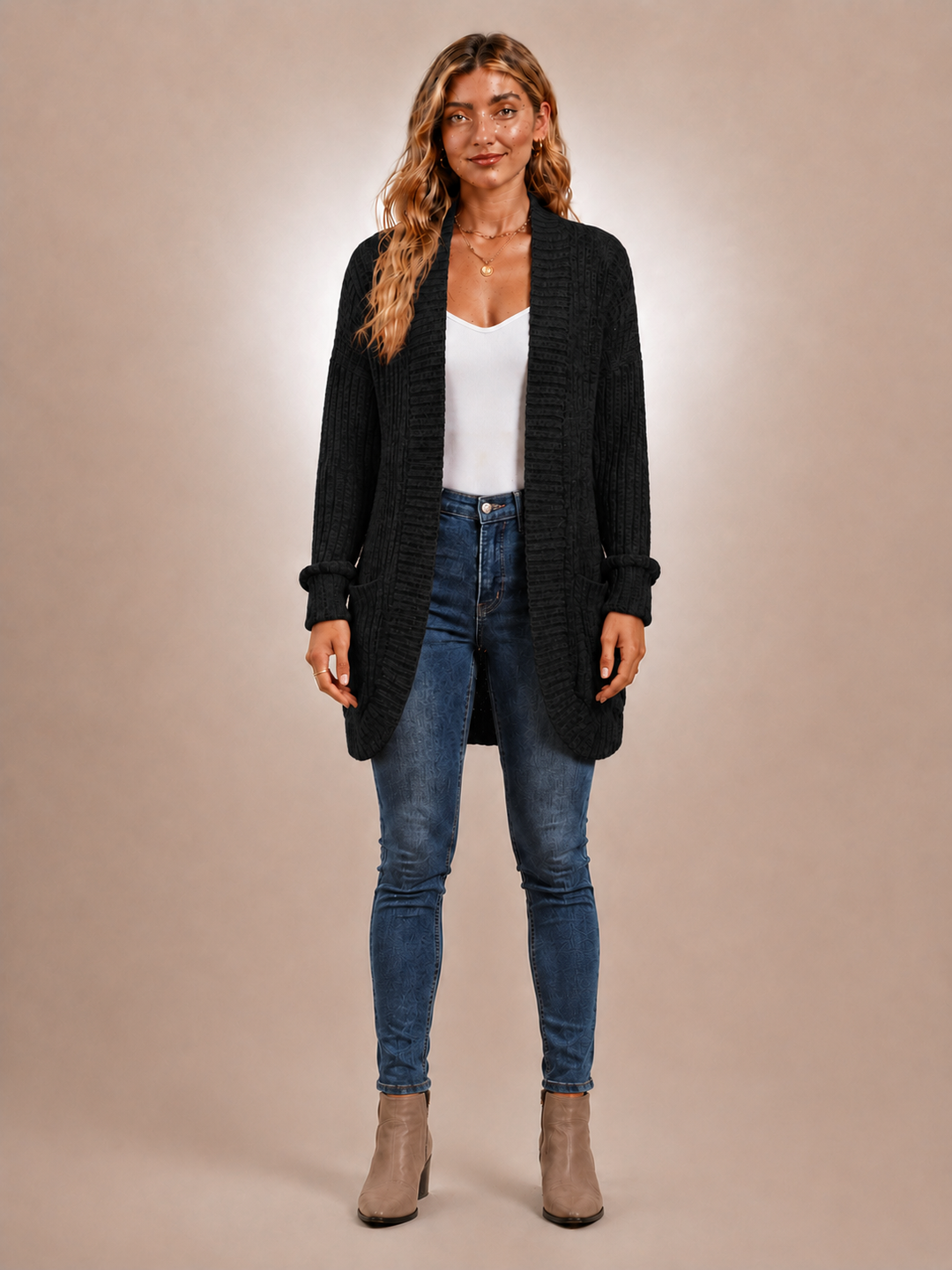 Solène | Cardigan long à poches en maille côtelée