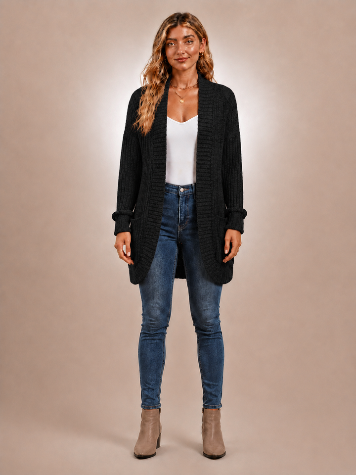 Solène | Cardigan long à poches en maille côtelée