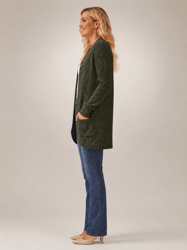 Solène | Cardigan long à poches en maille côtelée