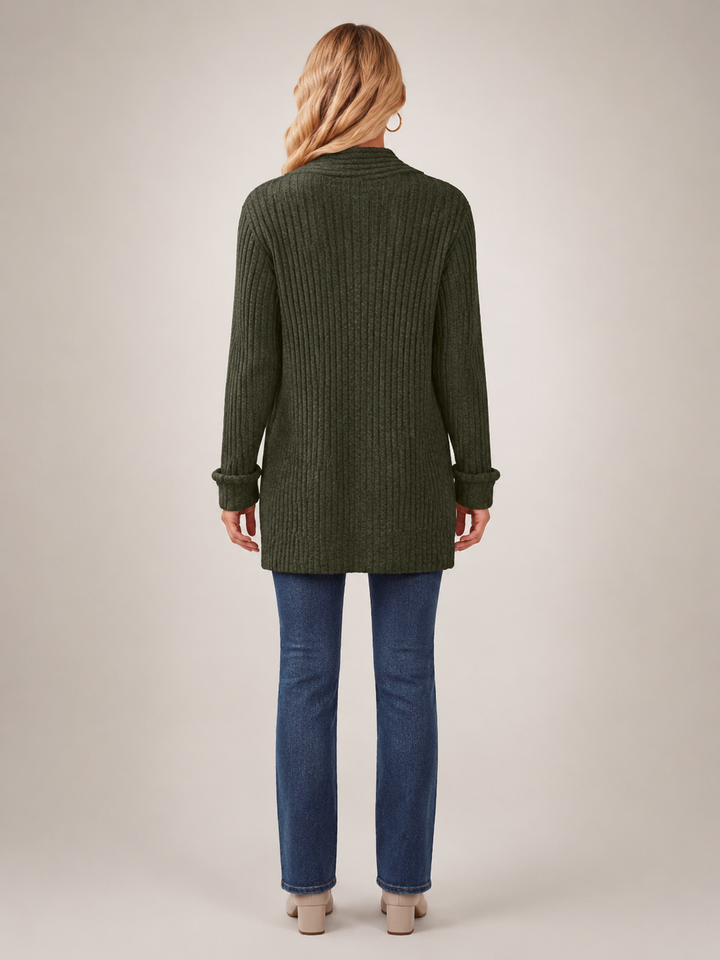 Solène | Cardigan long à poches en maille côtelée