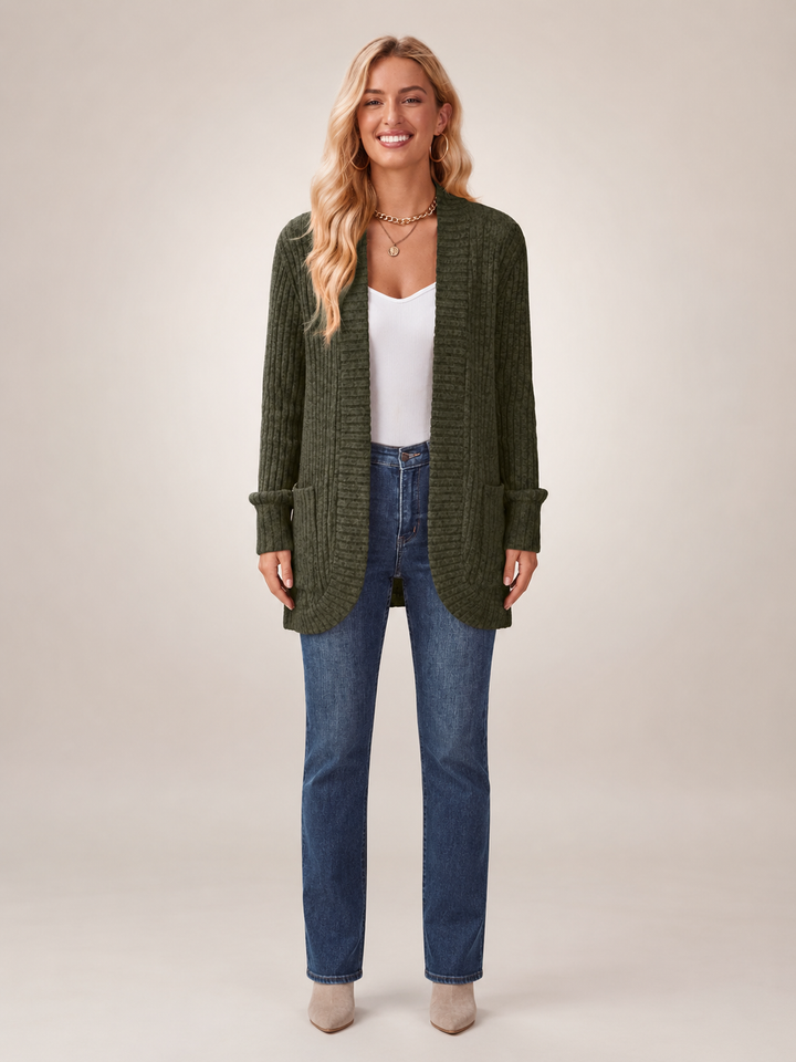 Solène | Cardigan long à poches en maille côtelée