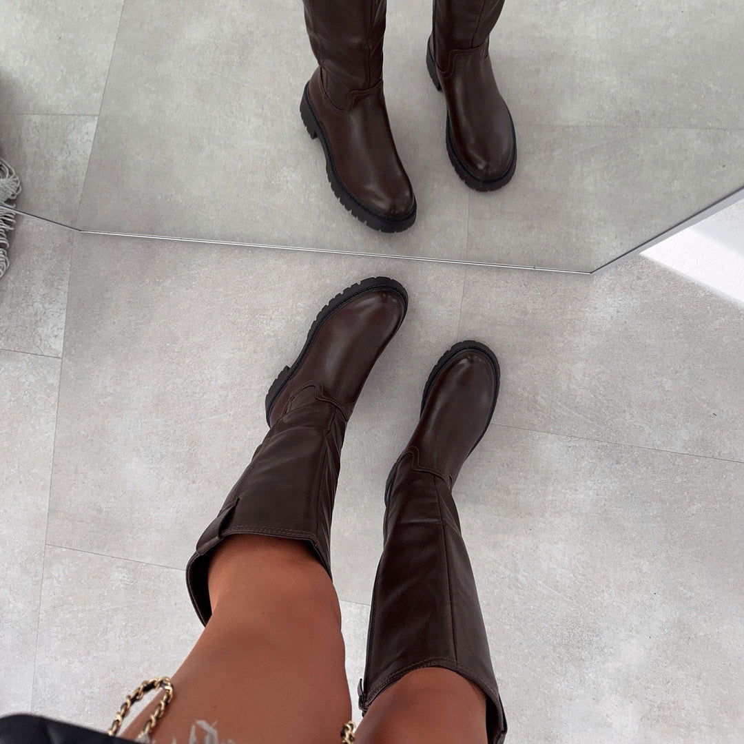 Simone | Bottes hautes marron à semelle épaisse