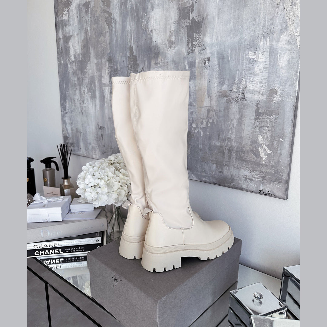 Bettina | Bottes hautes beiges à plateforme