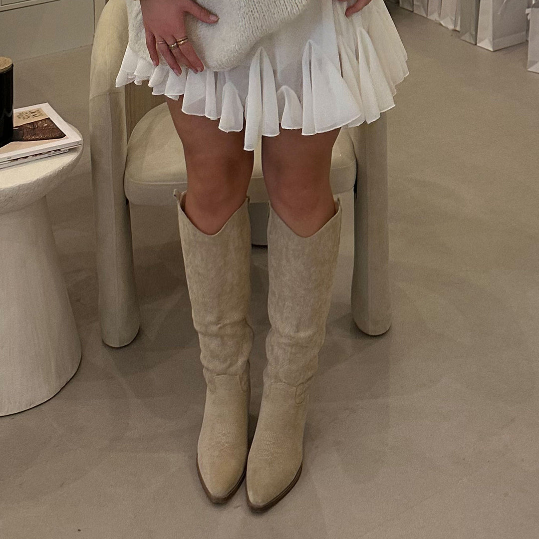 Justine | Bottes western hautes beiges en suédine