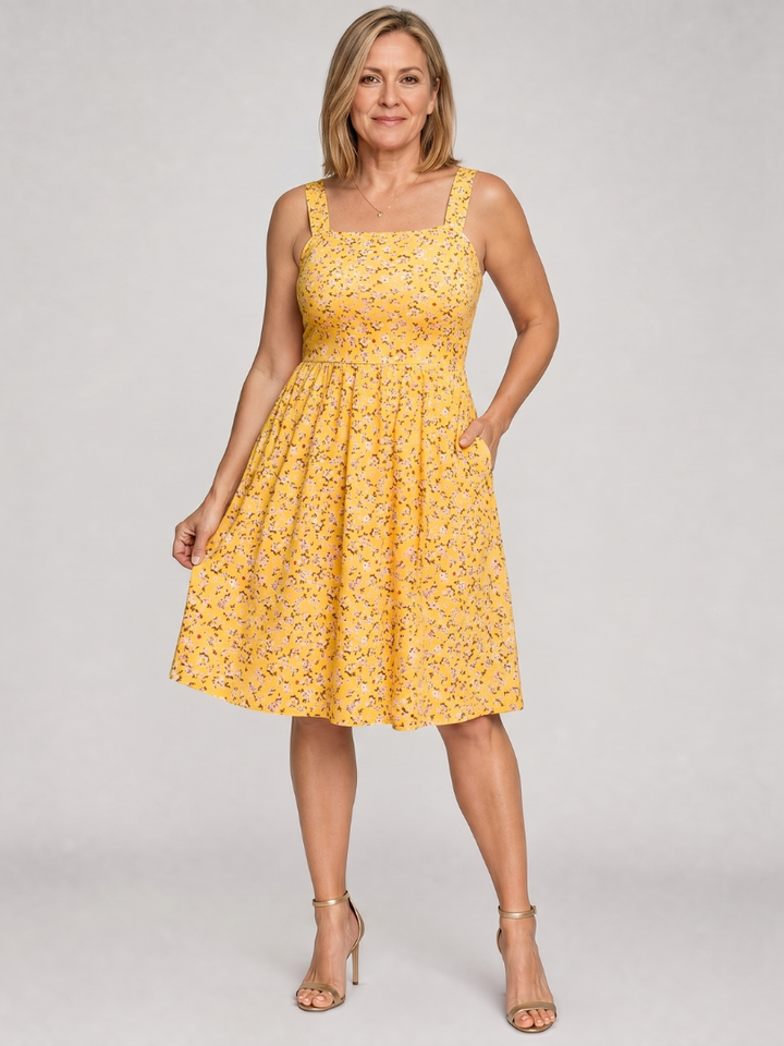 Hortense — Robe à encolure carrée et jupe froncée, coloris Jaune fleuri