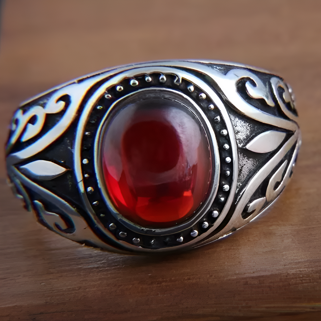 Sceau Ancien | Bague argentée avec pierre rouge foncé – Vue 01