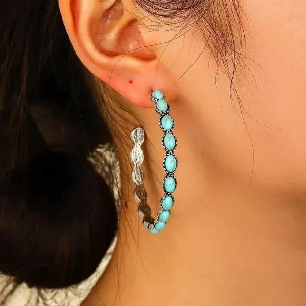 Cercle Bohème | Créoles ouvertes avec pierres turquoise ovales – Vue 01