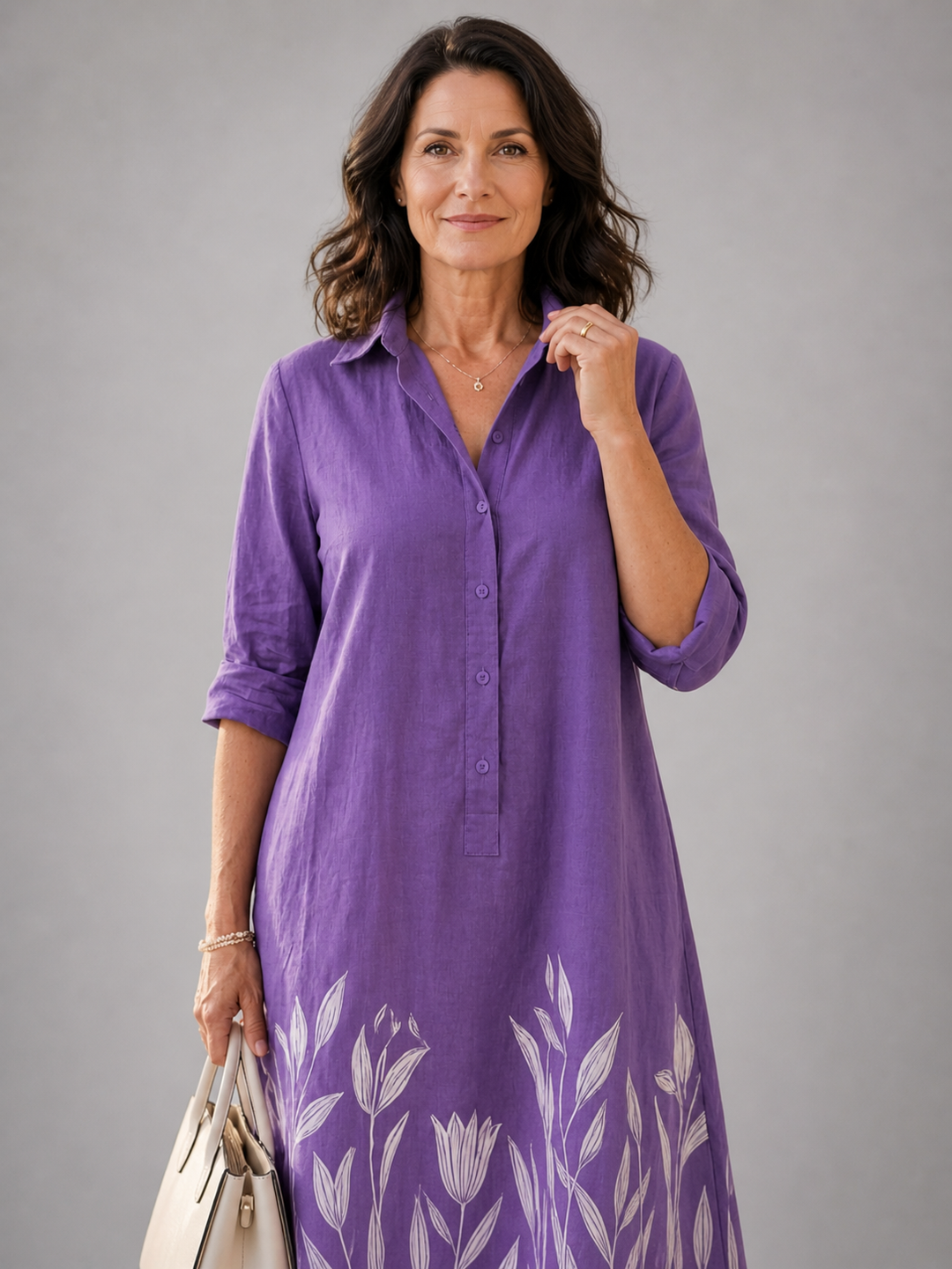 Ursule — Robe chemise violette à motif de tulipes