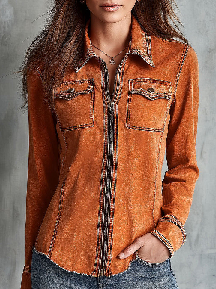 Florentine | Veste zippée en jean délavé terracotta — Terracotta