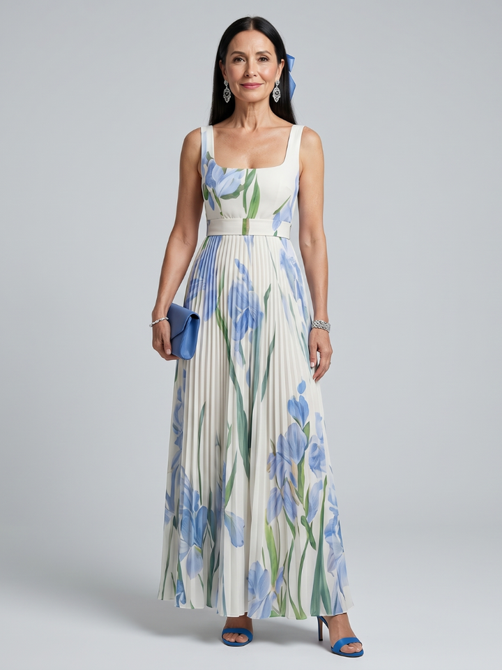 Sarah — Robe longue plissée à encolure carrée, coloris Écru à iris bleus