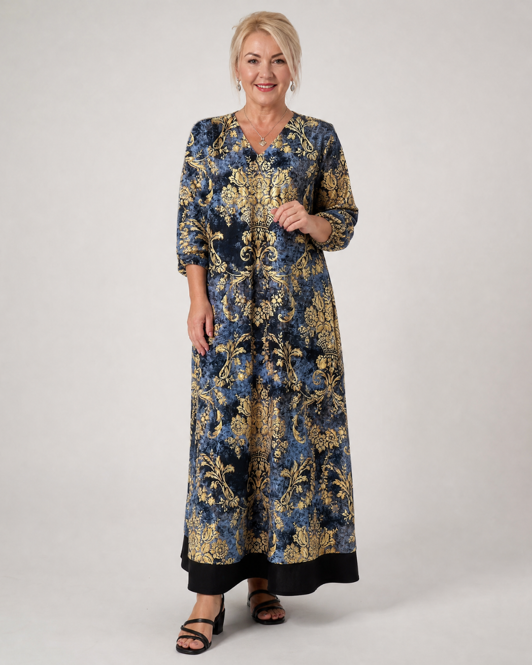 Quitterie — Robe longue à damas fleuri, coloris Bleu nuit et or