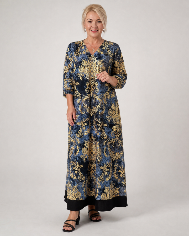 Quitterie — Robe longue à damas fleuri, coloris Bleu nuit et or