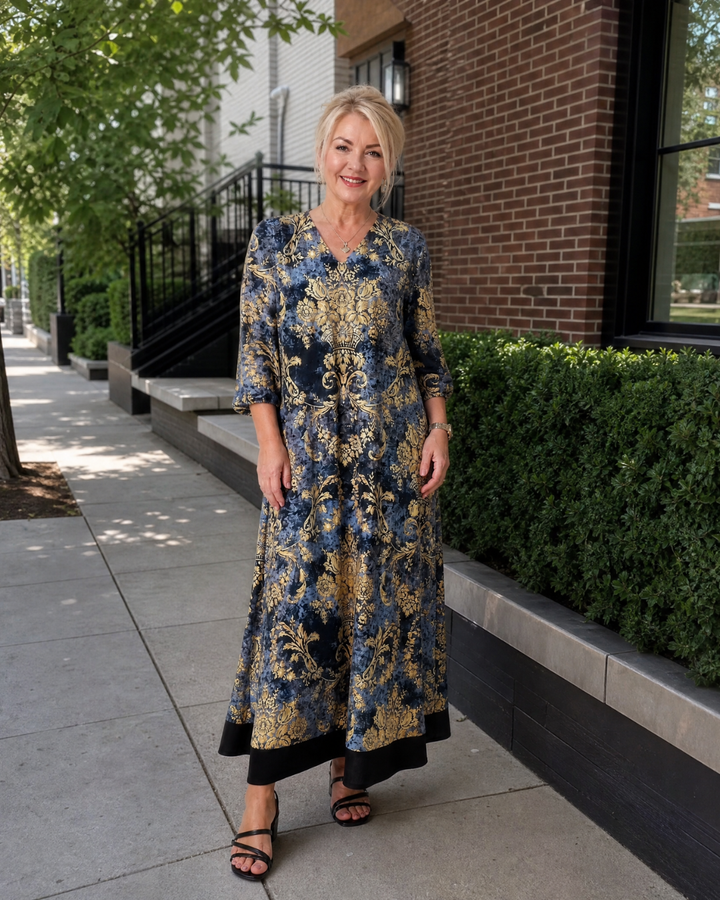 Quitterie — Robe longue à damas fleuri