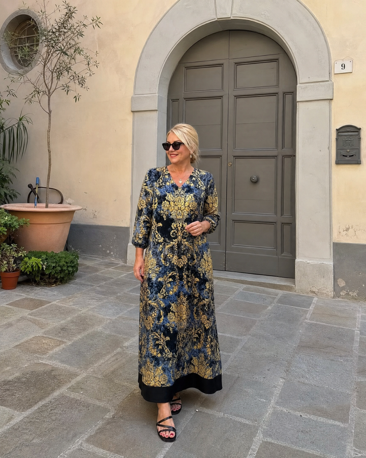 Quitterie — Robe longue à damas fleuri