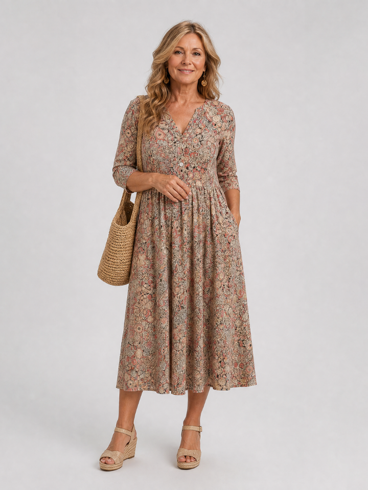 Jocelyne — Robe midi fleurie à manches 3/4, coloris Taupe fleuri
