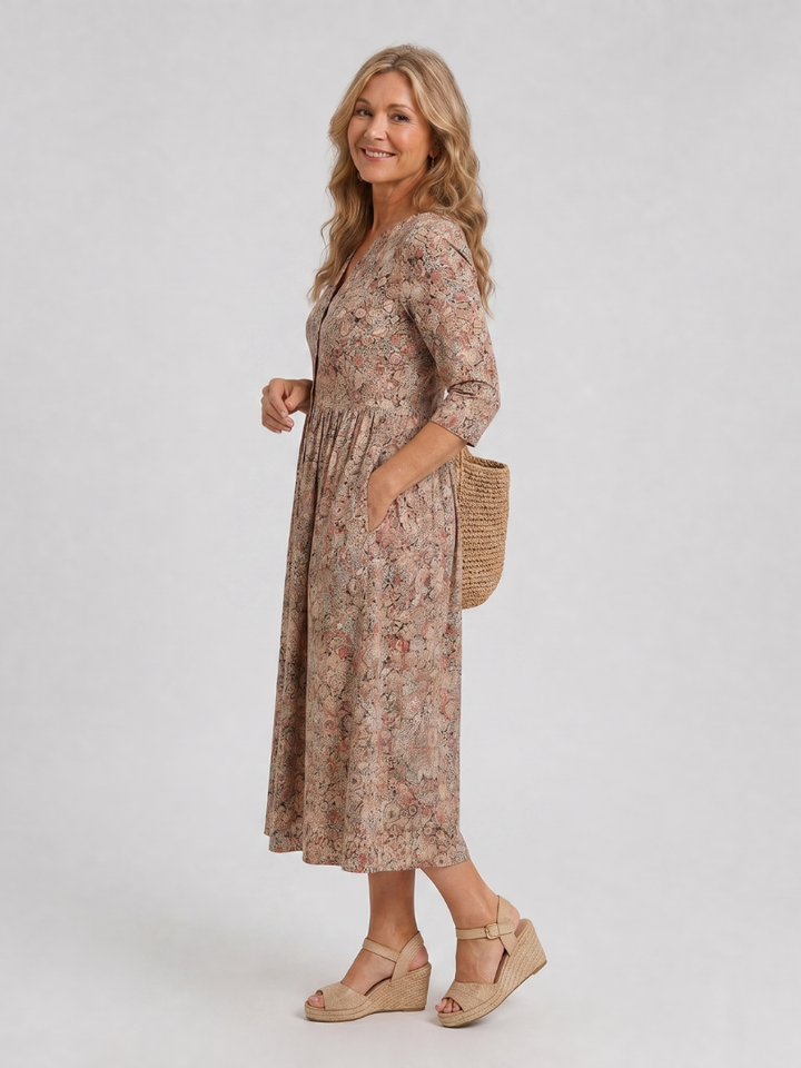 Jocelyne — Robe midi fleurie à manches 3/4