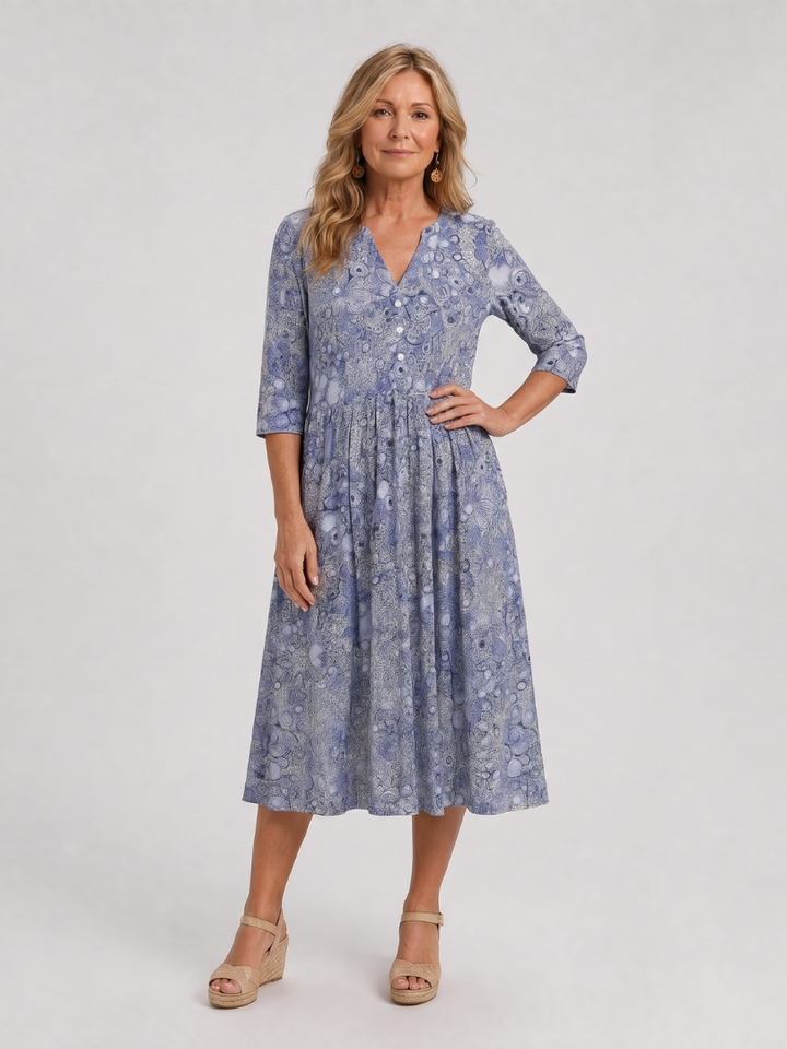 Jocelyne — Robe midi fleurie à manches 3/4, coloris Bleu fleuri