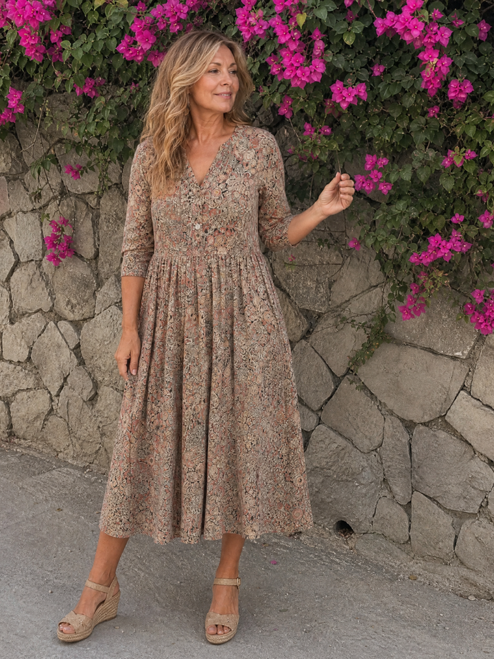 Jocelyne — Robe midi fleurie à manches 3/4