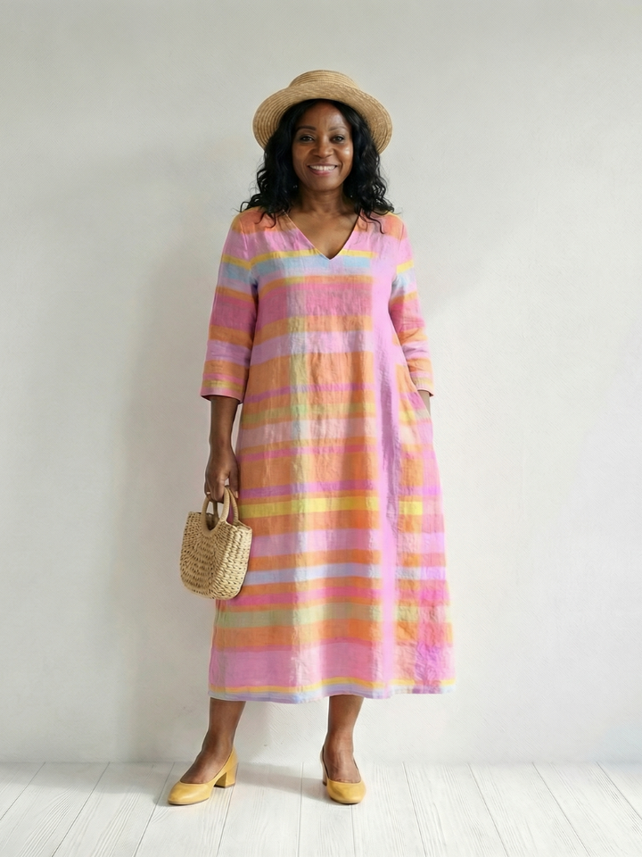 Bertille — Robe midi ample à rayures pastel, coloris Rayé pastel