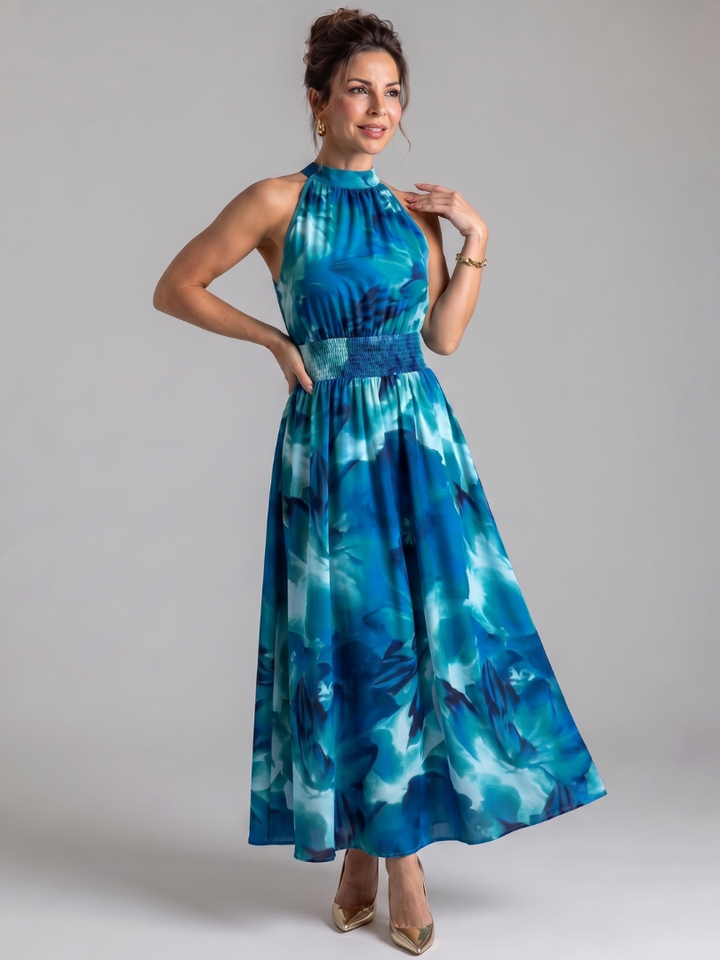Lisandre — Robe longue dos nu à taille smockée